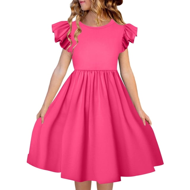 FhsagQ Robes pour Filles Enfants Filles Manches Volantées Col Rond Robes Enfants Été Robe à Manches à Volants Petite Fille le 7 Juillet Robes Taille 6/7 5-6 Ans
