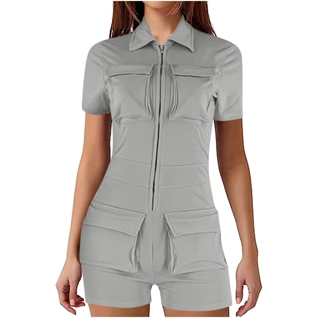 LOVZFMLL Women's Zip Pockets Color Work Lapel Jumpsuit Shorts Tight Jumpsuit Gray M