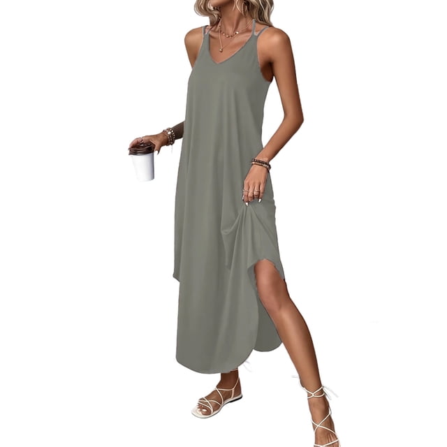 Daiosportswear Robe Longue d'Été pour Femmes à Couleur Unie, Col Rond, Bretelles, Sans Manches, Ourlet Arrondi, Bretelles, Dos Nu, Robe de Plage; Robe à Manches Courtes pour Femmes, Gris, TG (TG)