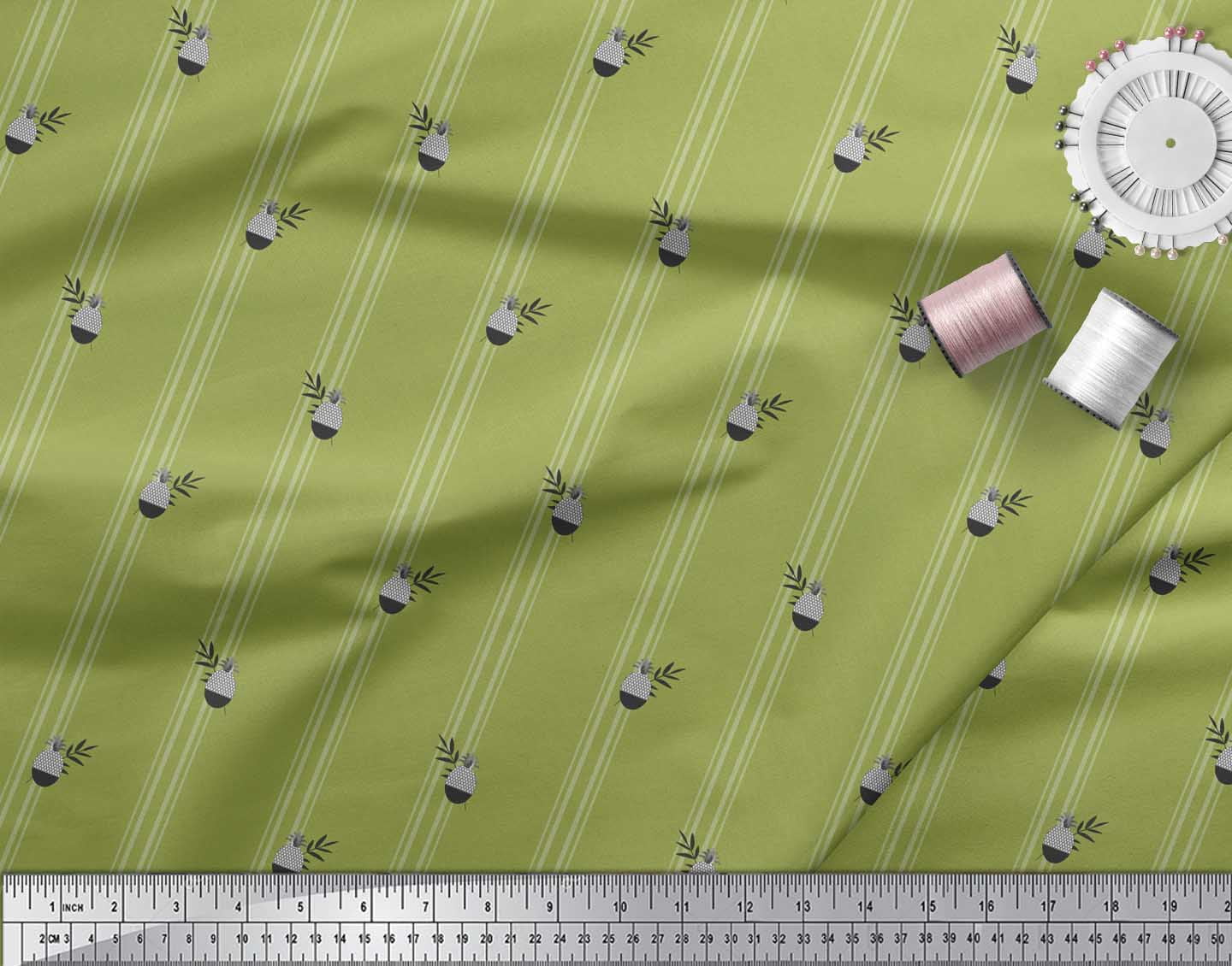 Soimoi Modal Satin Fabric Geometric Pine & Stripe Printed Craft Fabric by the Yard 42 Inch Wide