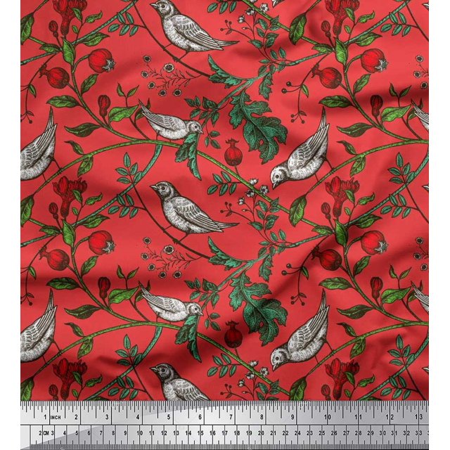 Soimoi Poly Georgette Fabric Bird & Leaf Bird Fabric Prints By Yard 42 Inch Wide
