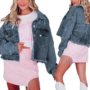 Vestes en Jean Y2k pour Femmes Mode Manches Longues Fermeture à Boutons Étoiles Veste en Denim à Franges