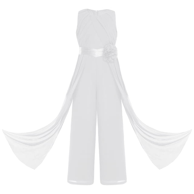 renvena Kids Girls Flower Wedding Party Bodysuit Ruffled Chiffon Pageant Banquet Rompers Summer Wide Leg Pants Jumpsuit Playsuit with Detachable Embellishment Ivory 16