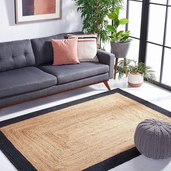 Aizza Trends 10x14 Ft Black & Natural Jute Area Rug, Boho Chic Natural Jute Area Rug - Hand-Braided, Rustic Farmhouse Decor for Living Room Carpet,