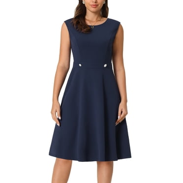 INSPIRE CHIC Women's Sleeveless Dresses Elegant Round Neck Office A-Line Dress XL Navy Blue