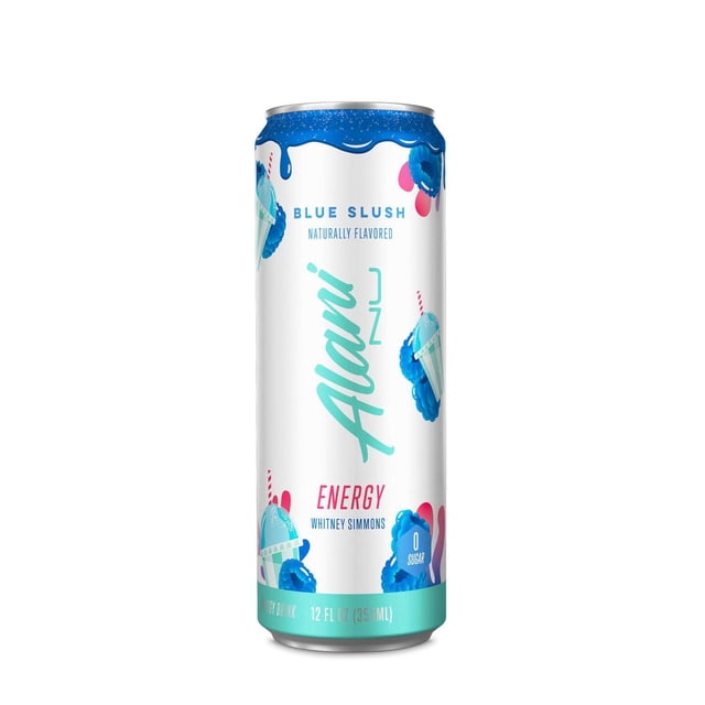 ALANI BLUE SLUSH Boisson Énergisante en Canette, 12 fl oz (355 ml), Blanc avec Graphiques de SLUSH Bleu et accents Sarcelle, Zéro Sucre, Aromatisée Naturellement, Contenant de la Caféine et des Vitamines B pour un Regain d'Énergie, Convient aux Entraînements Ou aux Élévations Énergétiques de Midi.