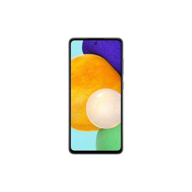 Bell Virgin Plus Samsung Galaxy A52 128 Go Téléphone pour Opérateur avec Écran Infinity-O Full HD+ Orienté vers l'Avant Montrant un Papier Peint Abstrait Coloré de Sphères Jaunes, Violettes, Vertes et Blanches, des Bords Noirs Minces, et un Bouton d'Alimentation Latéral, Conçu pour la Connectivité 5G et l'Activation en Magasin au Canada.