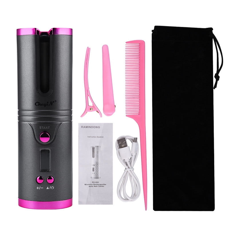 CkeyiN Cordless Auto-rotating Portable Hair Curing Wand with LCD Display, 6-step Temperature and Time Adjustable Ceramic Wave Curler, USB Fast Charging Curling Iron