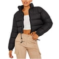 thumbnail image 1 of hoksml Women's Cropped Puffer Jacket with Drawstring Hem, Stand Collar Boxy Zip Front Casual Streetwear Short Jacket, 1 of 5