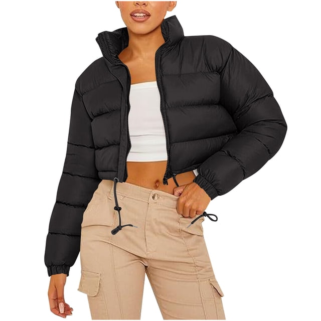 hoksml Women's Cropped Puffer Jacket with Drawstring Hem, Stand Collar Boxy Zip Front Casual Streetwear Short Jacket
