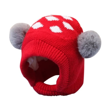 Zanarzt Thermal Fleece Kids Toddler Winter Beanie Hat Kids Winter Pompom Hat Knitted Ski Hat Double Pom Cap for Girls Boys Red,0-3 Years