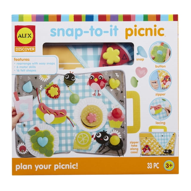 Alex Discover Ensemble de Jeu de Pique-Nique Snap-to-it dans un Panier de Pique-Nique à Thème, Étui de Transport avec un Fond de Couverture de Pique-Nique à Carreaux Bleu et Blanc, Présentant 16 Formes en Feutre Incluant Nourriture, Insectes et Cœurs Qui S'Enclenchent, Bouton, Fermeture Éclair et Dentelle pour Développer les Habiletés Motrices pour les Enfants de 3 Ans et Plus, Également Idéal pour le Jeu Créatif de Narration.