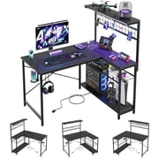 Bestier 42 L Shaped Gaming Desk with Power Outlets, Computer Desk with LED Lights, 4-Tier Adjustable Shelves with Hooks, Cup Holder, Carbon Fiber Black