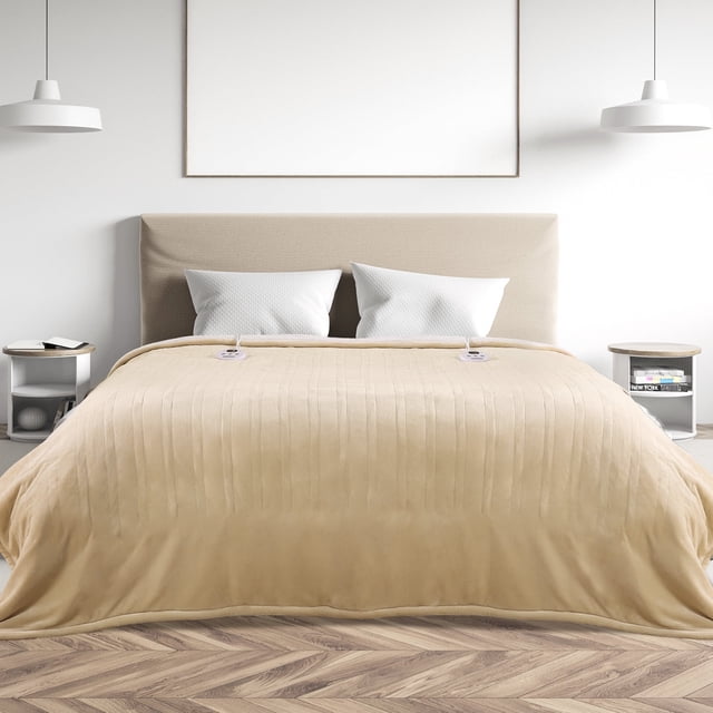 MARNUR Electric Heated Blanket Queen Size 84''x90'', Fast Heating with Dual Controllers, 10 Heating Levels, 10H Timer, Preheat Function - Beige