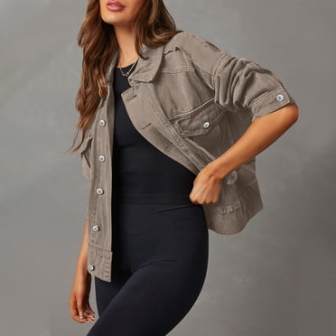 Meichang Cargo Jean Jacket Women Lapel Long Sleeve Button Down Denim Jacket Fall Oversized Casual Streetwear Jean Jacket Coat with Pockets Coffee M