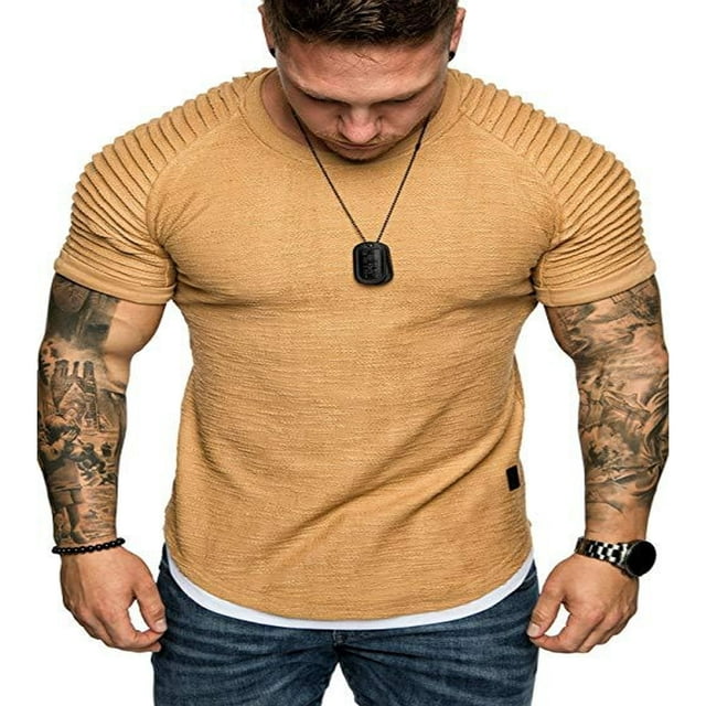 Men Solid Slub Cotton Pleated Short Sleeve Slim Fit T Shirt