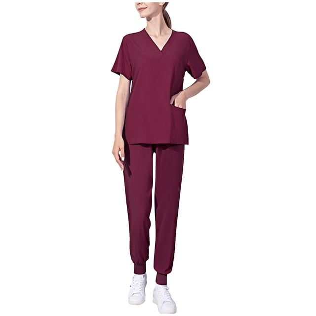 Women's Short-Sleeved Solid Color Pocket V-Neck Nurse Suit