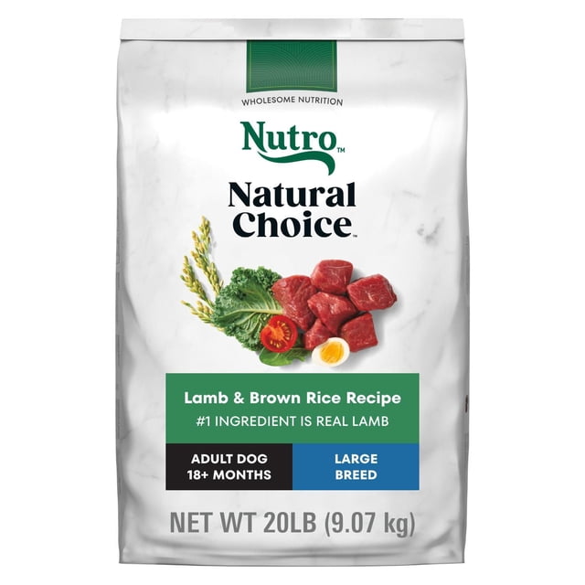 Nutro Natural Choice Large Breed Adult Dry Dog Food Lamb & Brown Rice Recipe 20lb (9.07 kg) bag featuring real lamb as the first ingredient, formulated for adult dogs 18+ months, supporting healthy joints with glucosamine, digestion with natural fiber, and immunity with antioxidants.