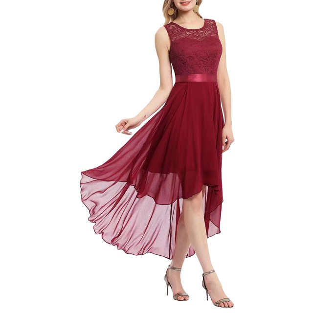 Kmbangi Robe Trapèze de Soirée pour Femme, Dentelle Patchwork, Grande Ampleur, Robe en Mousseline, Été, Col Rond, Sans Manches, Ourlet Irrégulier