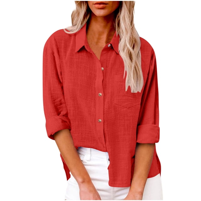 Timegard Button down Shirts for Women Cotton Linen Plus Size Lapel Neck Blouse Fall Casual Loose Tops