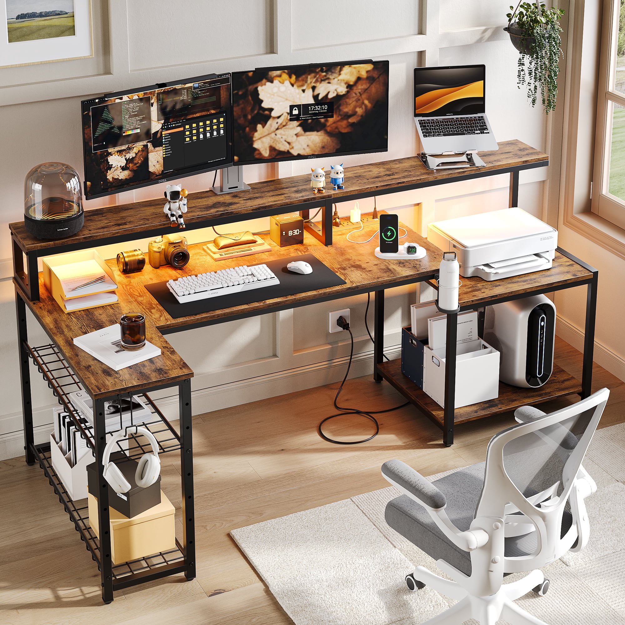 Bestier 71 inch L-Shaped Gaming Desk with Power Outlets LED Computer Office Table with Monitor Stand & Storage Shelf in Rustic