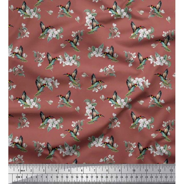 Soimoi Poly Georgette Fabric Leaves,White Floral & Hummingbird Fabric Prints by Yards 42 Inch Wide