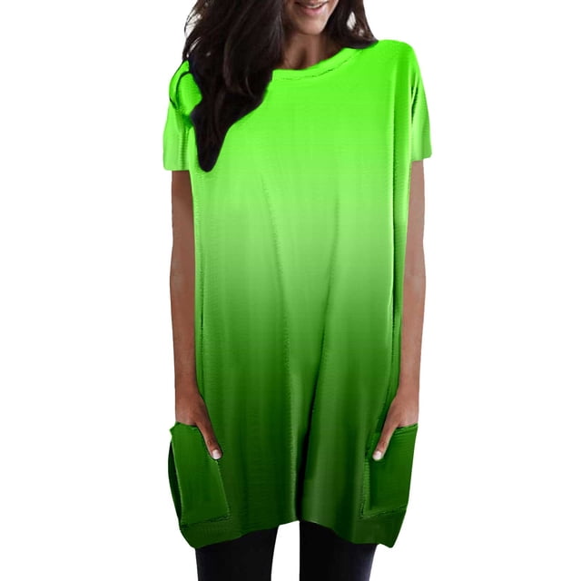 TSADFHJI Hauts Fluides en Chiffon Blouses pour Femmes Été Décontracté Chandail Ample Col Rond Tunique à Manches Courtes avec Poches TG Vert