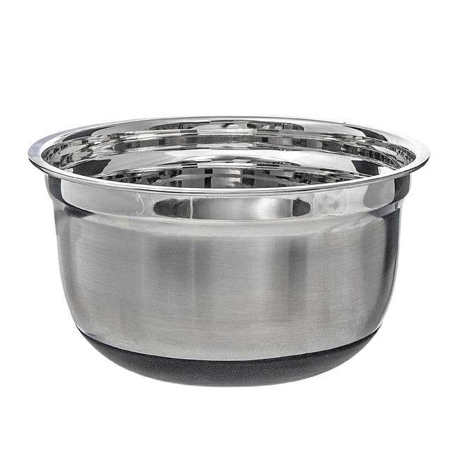German Mixing Bowl With Anti Skid Base 10" featuring a round stainless steel kitchen utensil with polished silver finish and black anti-skid base for stable mixing, also suitable for serving or prepping ingredients.