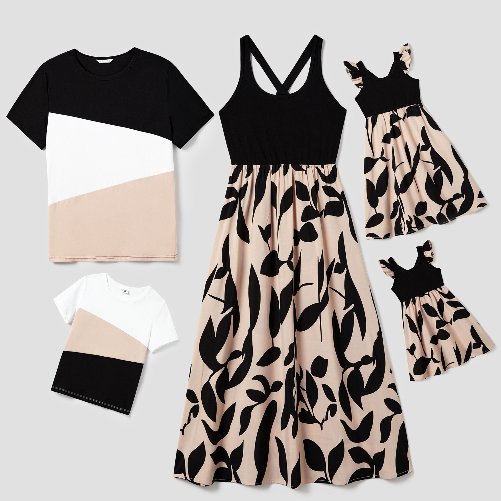 PatPat Family Matching Cross Back Floral Strap Dress and Colorblock Top Sets
