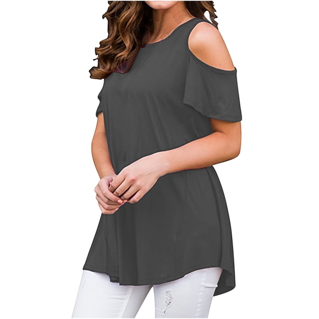 Timegard Womens Tops Cold Shoulder Crew Neck Short Sleeve Tunic Tops Mid Long Comfy Summer Casual