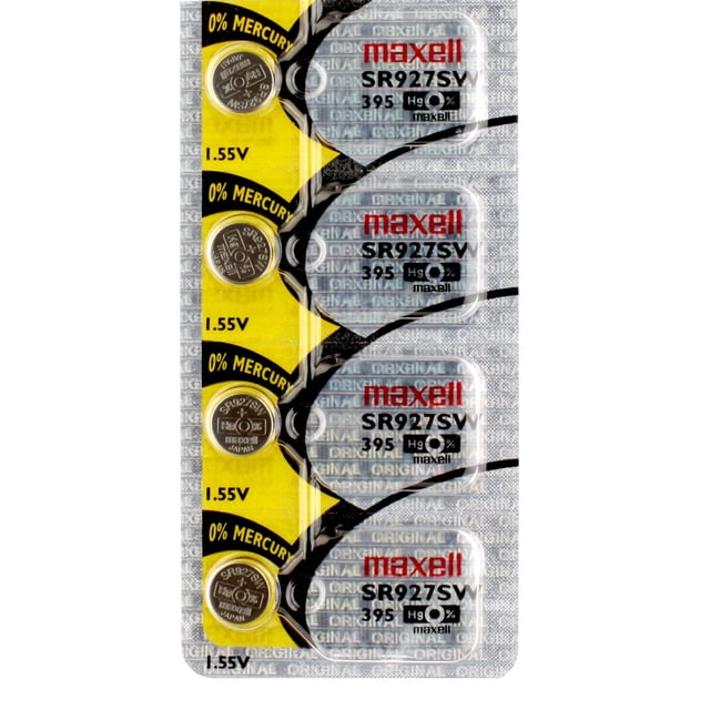 4 x Maxell 395 watch batteries, SR927SW or 399 battery, in original packaging. Silver oxide coin cell batteries with 1.5V voltage, mercury-free. Ideal for watches, calculators, car starters, keyless remotes, health monitors, and glucose monitors.