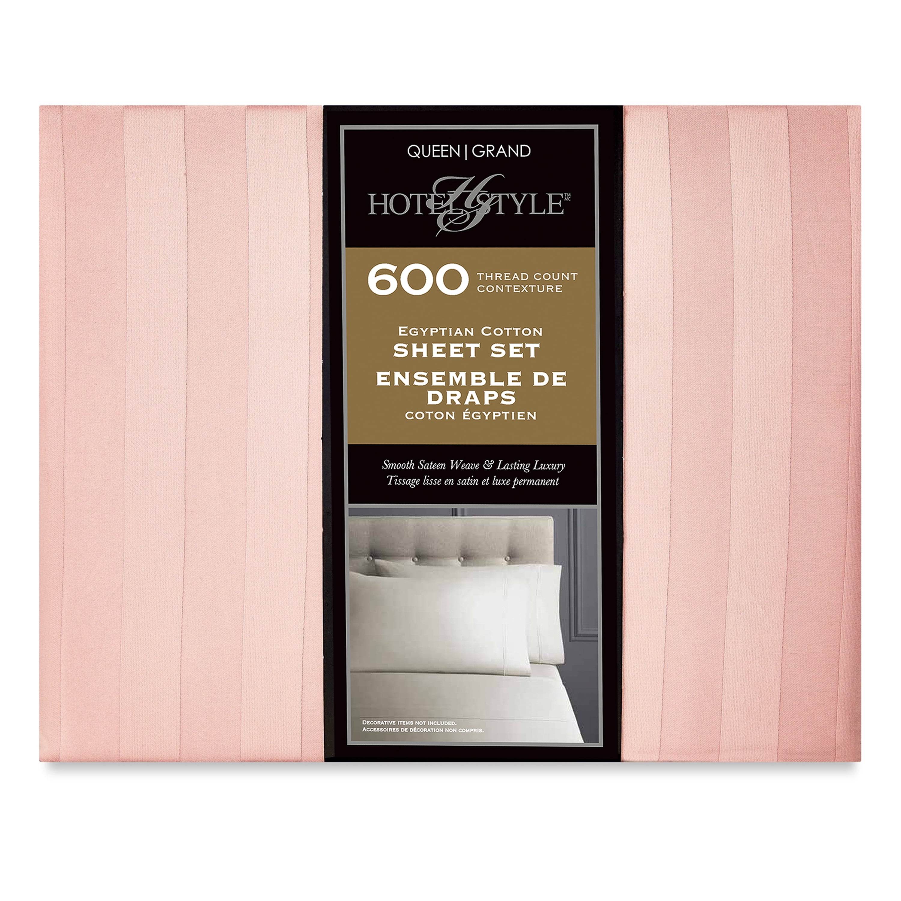 Ensemble de draps pour lit adulte en coton égyptien rose rayures 600 contexture, 4 pièces, hotel style, grand lit - Poche profonde