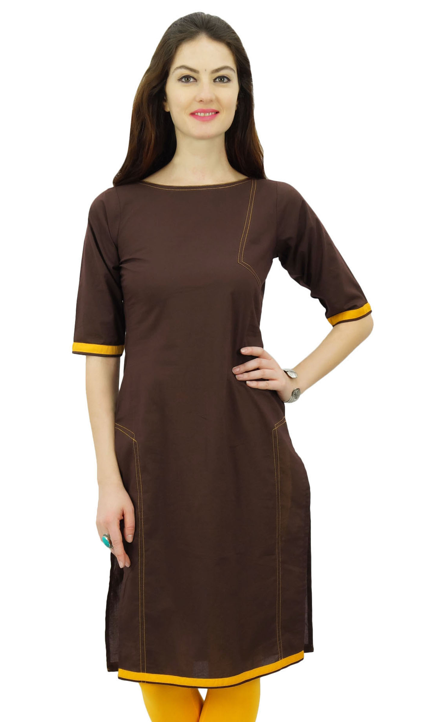 Phagun Kurti Indienne pour Femmes, Brun Uni, Tunique en Coton, Kurta Droite Régulière - 4