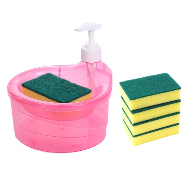 Distributeur de Savon à Vaisselle et Porte-Éponge 5 Éponges Multifonction 1000 ml 33 Onces Rouge Rose