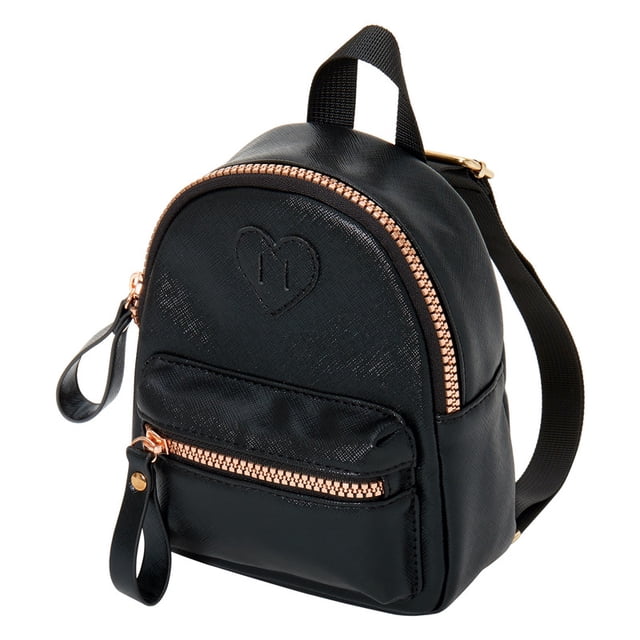 Claire's Small Black Backpack with gold accents, featuring a compact design with a heart-shaped embossed detail on the front. This fashionable accessory includes a front zippered pocket, gold-tone zippers, and adjustable black straps for comfortable wear.