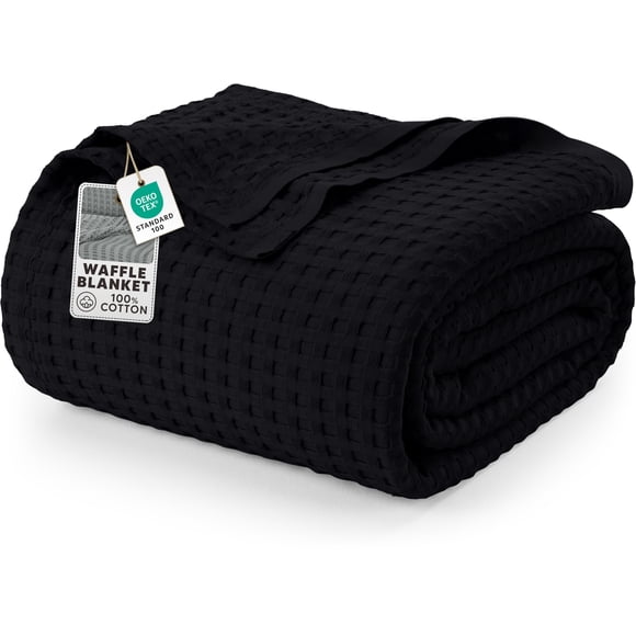 Utopia Bedding 100% Cotton Waffle Weave Blanket Queen Size for Bed - Lightweight, Breathable Summer Blankets Soft and Cozy, Gifts for Women Home Room Decor (Black, 90x90 Inch)