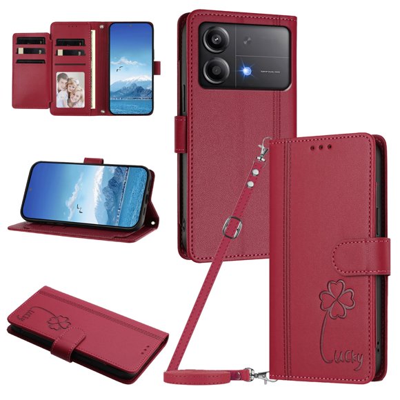 Four Leaf Clover Flip Cover for Xiaomi Poco X6 Pro Leather Wallet Case with Kickstand Red