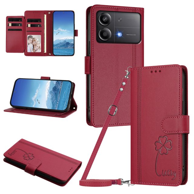 Four Leaf Clover Flip Cover for Xiaomi Poco X6 Pro Leather Wallet Case with Kickstand Red