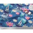thumbnail image 2 of Soimoi Blue polyester Crepe Fabric Yacht & Lotus Flower Print Sewing Fabric BTY 42 Inch Wide, 2 of 3