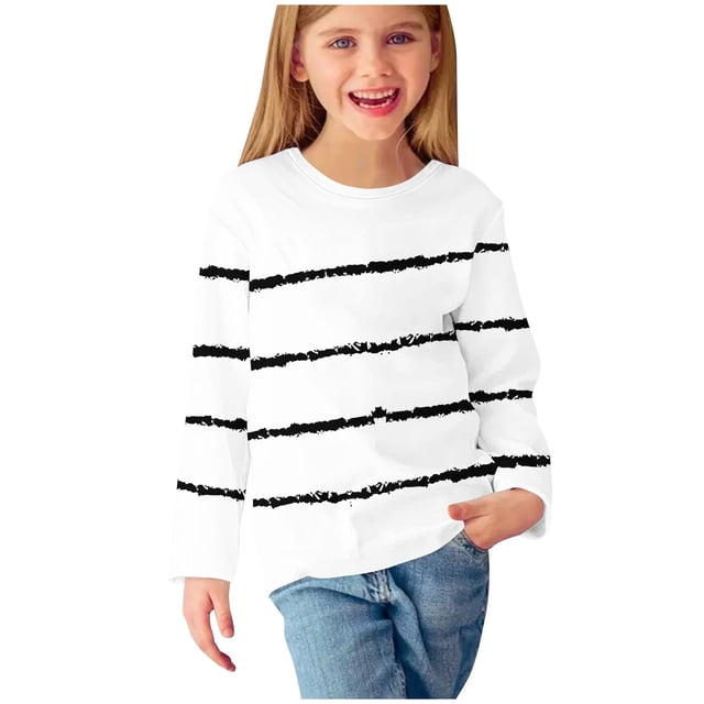 AherBiu T-Shirts à Manches Longues pour Tout-Petites Filles, Col Ras du Cou Décontracté, Rayés, T-Shirts pour Enfants Confortables d'Automne, Hauts pour Enfants