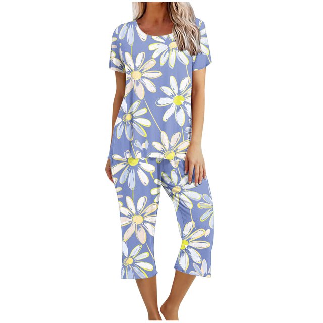 Offres des Fêtes Iumwxz Pyjamas Doux Tendance Ensembles Assortis Tenues de Voyage pour Femmes Imprimé Floral Col Rond Manches Courtes Taille Élastique Pantalon Court Ensembles 2 Pcs pour Femmes Rue