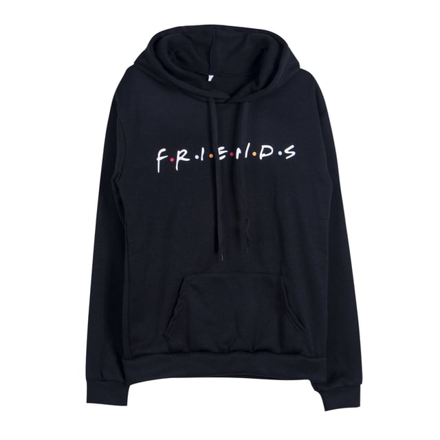 Chandail à Capuchon pour Hommes et Femmes, Chandail à Capuchon Imprimé FRIENDS, Haut à Enfiler Ample et Décontracté, Chandail à Enfiler en Noir. Fabriqué en Mélange de Coton, Il Comprend une Poche Kangourou avant, une Capuche à Cordon Ajustable et le logo FRIENDS Imprimé sur la Poitrine. Offert en Tailles P, m, L et TG.