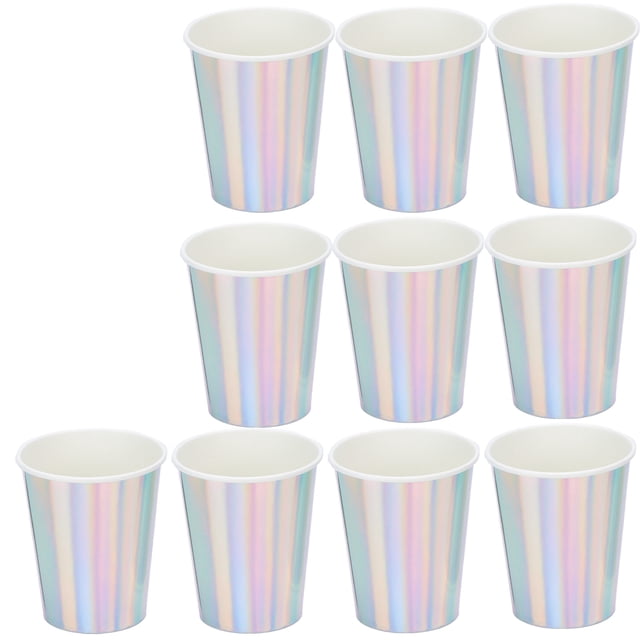 Gobelets Jetables, Gobelets en Papier Gobelet de Fête 20 Pcs pour Café Ou Thé en Argent. l'Image Montre un Ensemble de 10 Gobelets en Papier à Fini Argenté Scintillant, Arrangés en Rangées. Chaque Gobelet Mesure Environ 8,3 x 7,3 x 7,3 cm et Est Fait de Papier, Convient aux Fêtes et aux Événements. Ces Gobelets Élégants et Jetables Offrent une Apparence Éblouissante, Ajoutant une Touche de sophistication à Toute Mise de table.