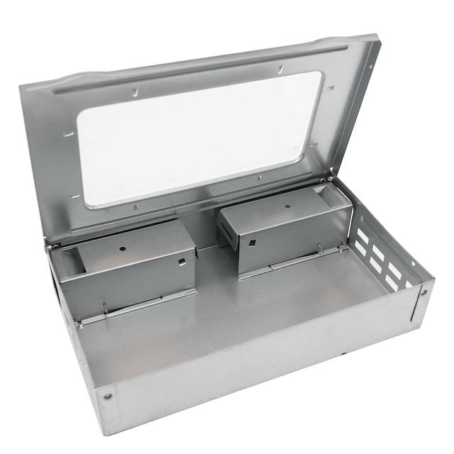Live Catch Trap Clear Window Design Reusable Mice Traps for Home Kitchen Hotel Supermarket Warehouse. A silver galvanized steel trap with a clear window lid for monitoring captures. Designed for live trapping and safe release of up to 10 mice at a time. Durable, rust-resistant, and suitable for use in homes, hotels, supermarkets, and restaurants.