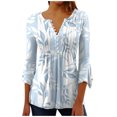 thumbnail image 1 of Pompotops Women's Casual Trumpet 3/4 Sleeve Printed Buttoned Basic Ruched Tops Pleated T-shirts Blouses On Sale, 1 of 5