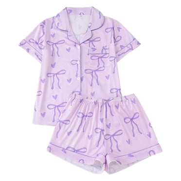 Lixiuxyad Pyjama des Fêtes pour Femmes, Ensemble de Sommeil à Imprimé Nœud avec Col et Manches Courtes