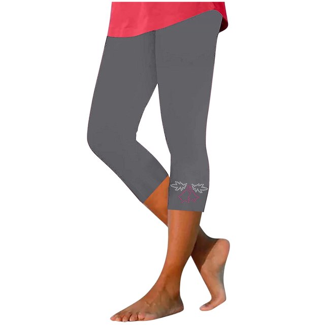 Olyvenn Womens Rhinestone Trim Capri Pants Stretchy Compression Leggings Print Pattern Yoga Pants Summer Vacation Outfits Gray S
