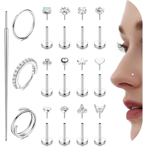 14K Gold Filled Nose Rings Studs for Women 316L Surgical Steel Threadless Push in Flat Back Earrings Hypoallergenic Nose Rings Hoops Cartilage Tragus Conch Helix Piercing Jewelry Gold/Silver 18G 20G