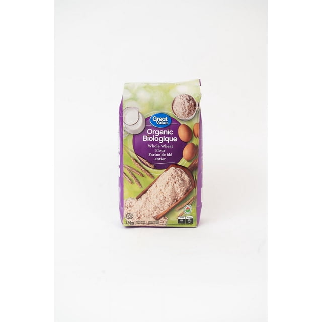 Great Value Organic Whole Wheat Flour 2.5 kg bag with green and purple packaging featuring wheat stalks, eggs, a glass of milk, and a wooden scoop filled with whole wheat flour, certified Canadian organic and suitable for baking a variety of breads.