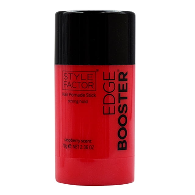 Style Factor Edge Booster Pomade Stick Strong Hold Raspberry Scent 70g. A red cylindrical pomade stick with a black cap, featuring bold black text and branding. Designed for strong hold and easy application, it offers a fruity raspberry fragrance and is ideal for hair styling.